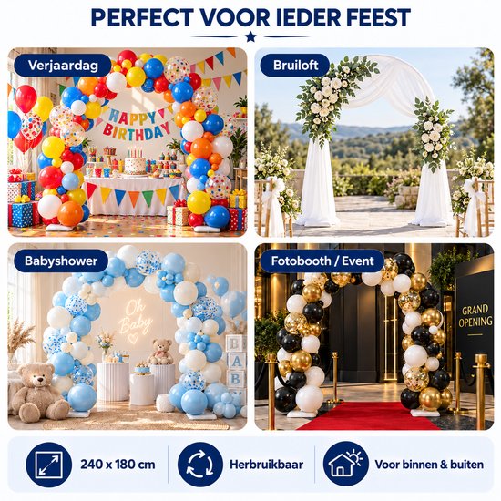 Vier voorbeelden van ballonnenbogen: verjaardag, bruiloft, babyshower en grand opening. 240 x 180 cm, herbruikbaar.
