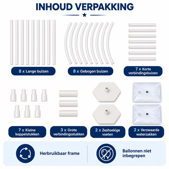 Overzicht van inhoud: buizen, verbindingsstukken, zeshoekige voeten en waterzakken voor een ballonnenboog.