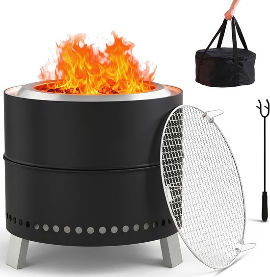 Rookarme Vuurkorf met Grillrooster – RVS – 48 cm – Inklapbare Poten – Inclusief Pook en Draagtas LF-1901