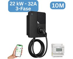 Premium Black Wallbox 22 kW - 10 meter Type 2 kabel - Inclusief externe MID energiemeter - Dynamic Load Balancing - RFID - WiFi