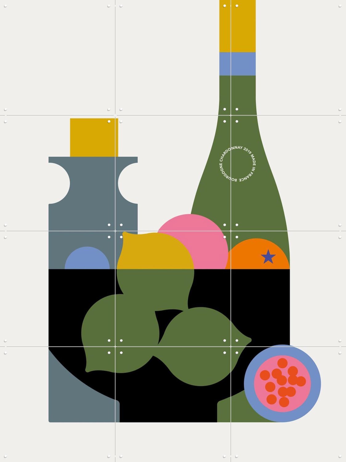 IXXI Wine & Fruit, Bo Lundberg - 60 x 80 cm - Grote wanddecoratie en posters - Modern, Minimalisme, Digitale Kunst, Geometrische Kunst, Keuken Geel / Groen