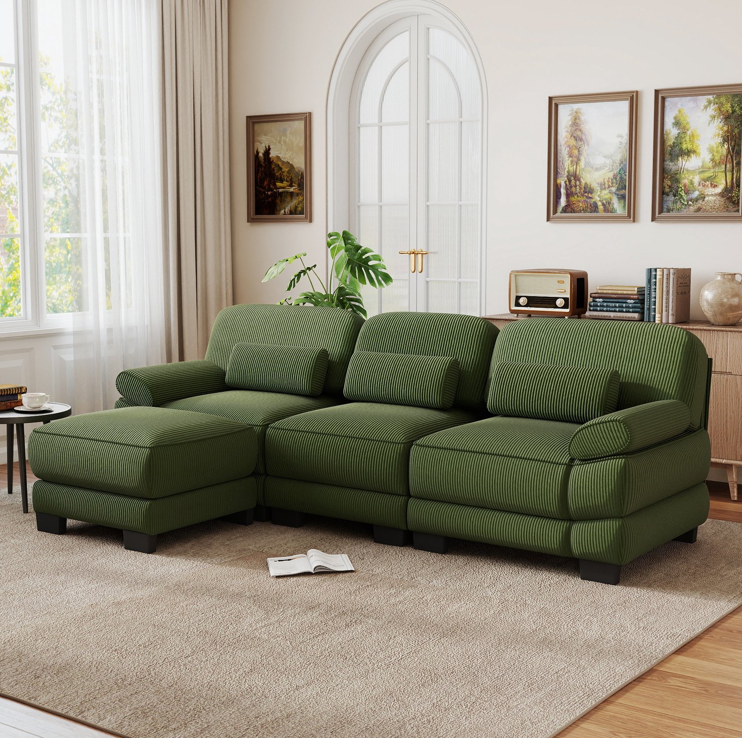 STILVORA Hoekbank 265 x 161 x 94 cm - Modulaire 3-Zitsbank met Hocker en Lendenkussen - Voor de Woonkamer - Ribfluweel - Groen