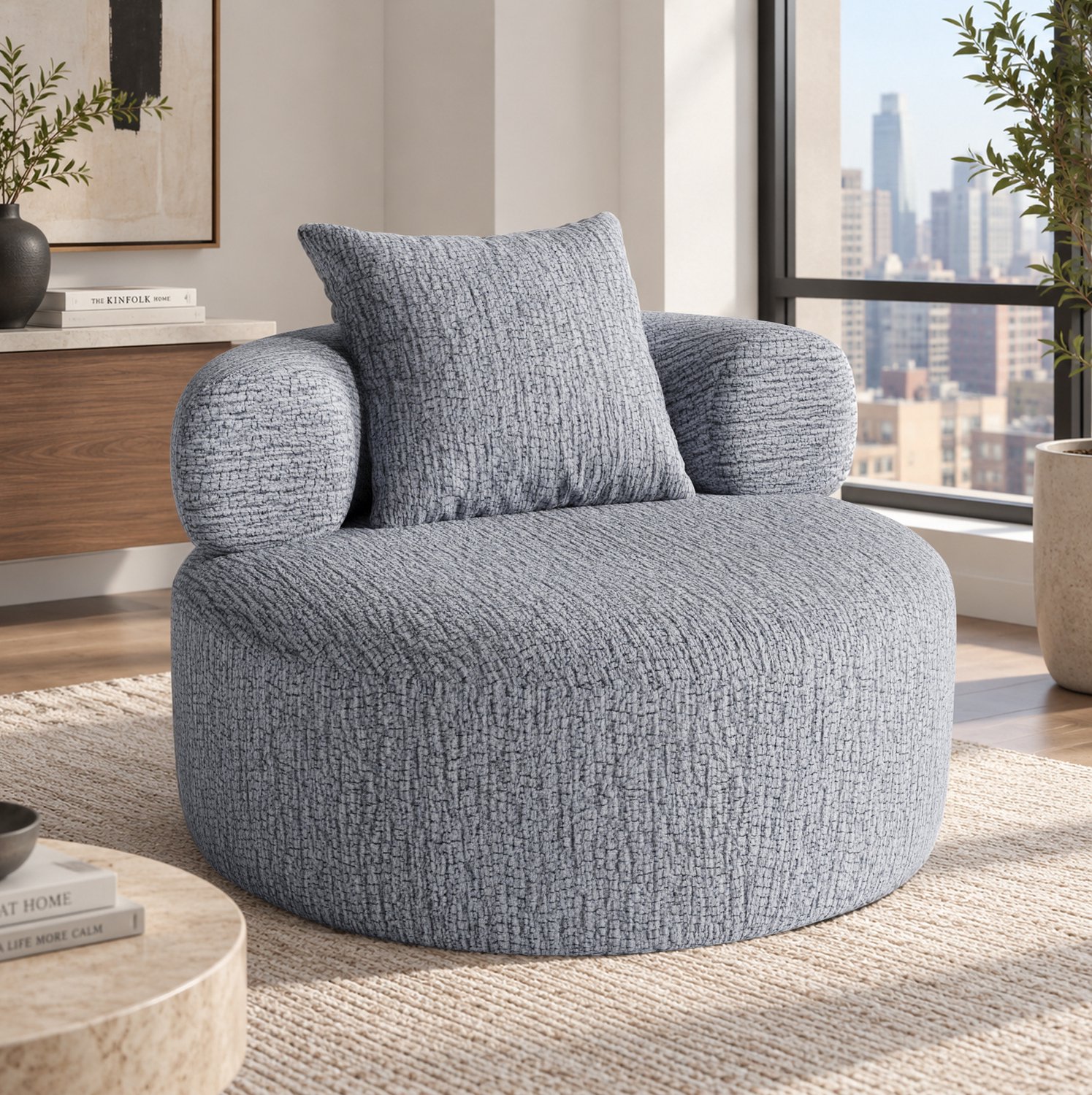 STILVORA Zitzakstoel 100 x 100 x 65 cm - Ronde Loungestoel Met Kussen - Voor Volwassenen In Woonkamer En Slaapkamer - Chenille - Grijs