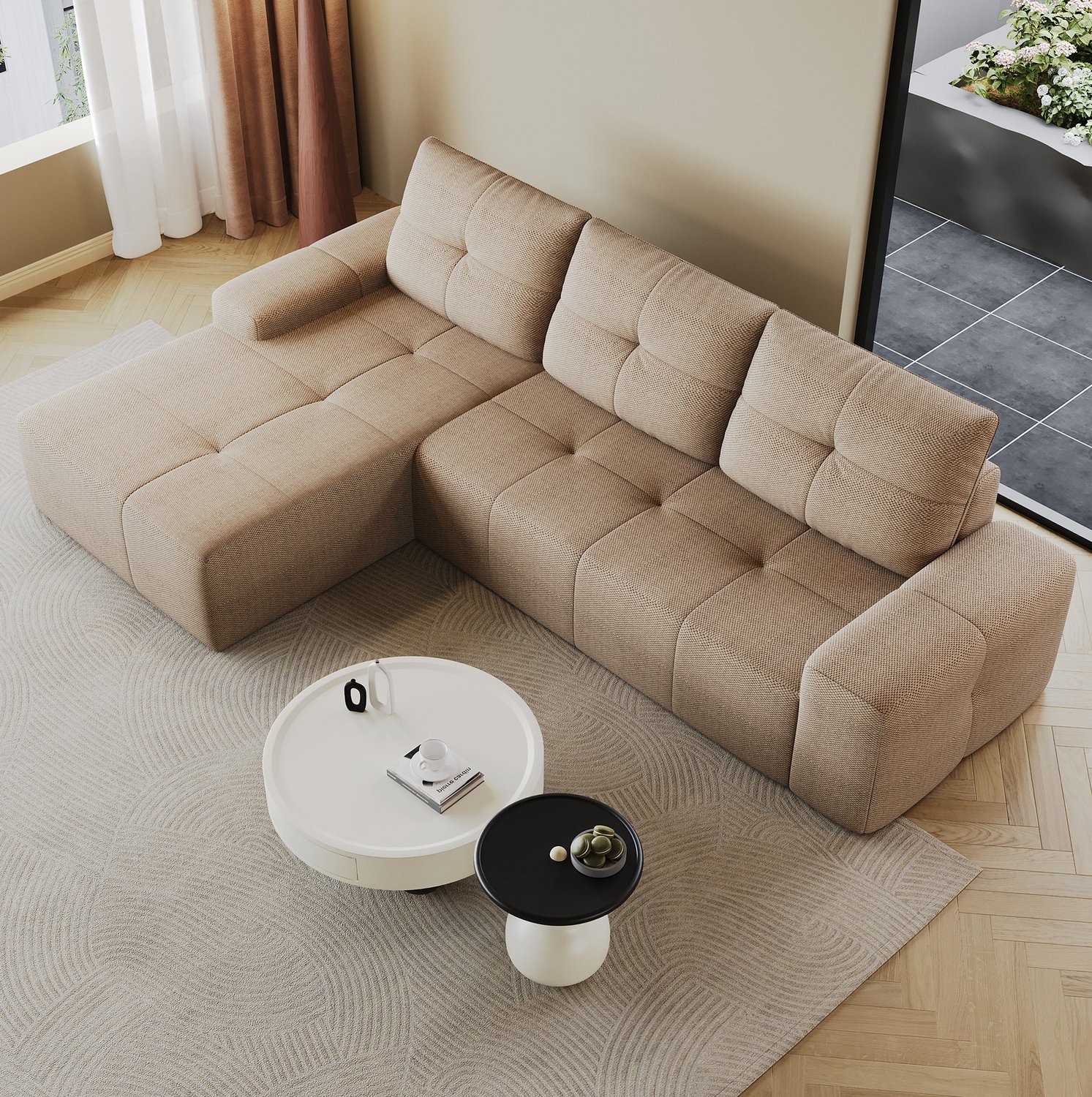 STILVORA Hoekbank 262 x 172 x 82 cm - L-Vormige 3-Zitsbank met Zachte Schuimvulling - Voor de Woonkamer - Stoffen Bekleding - Khaki