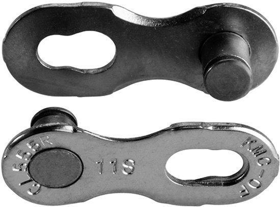 Twee zilverkleurige KMC 11-speed MissingLink kettingschakels voor fietskettingen.