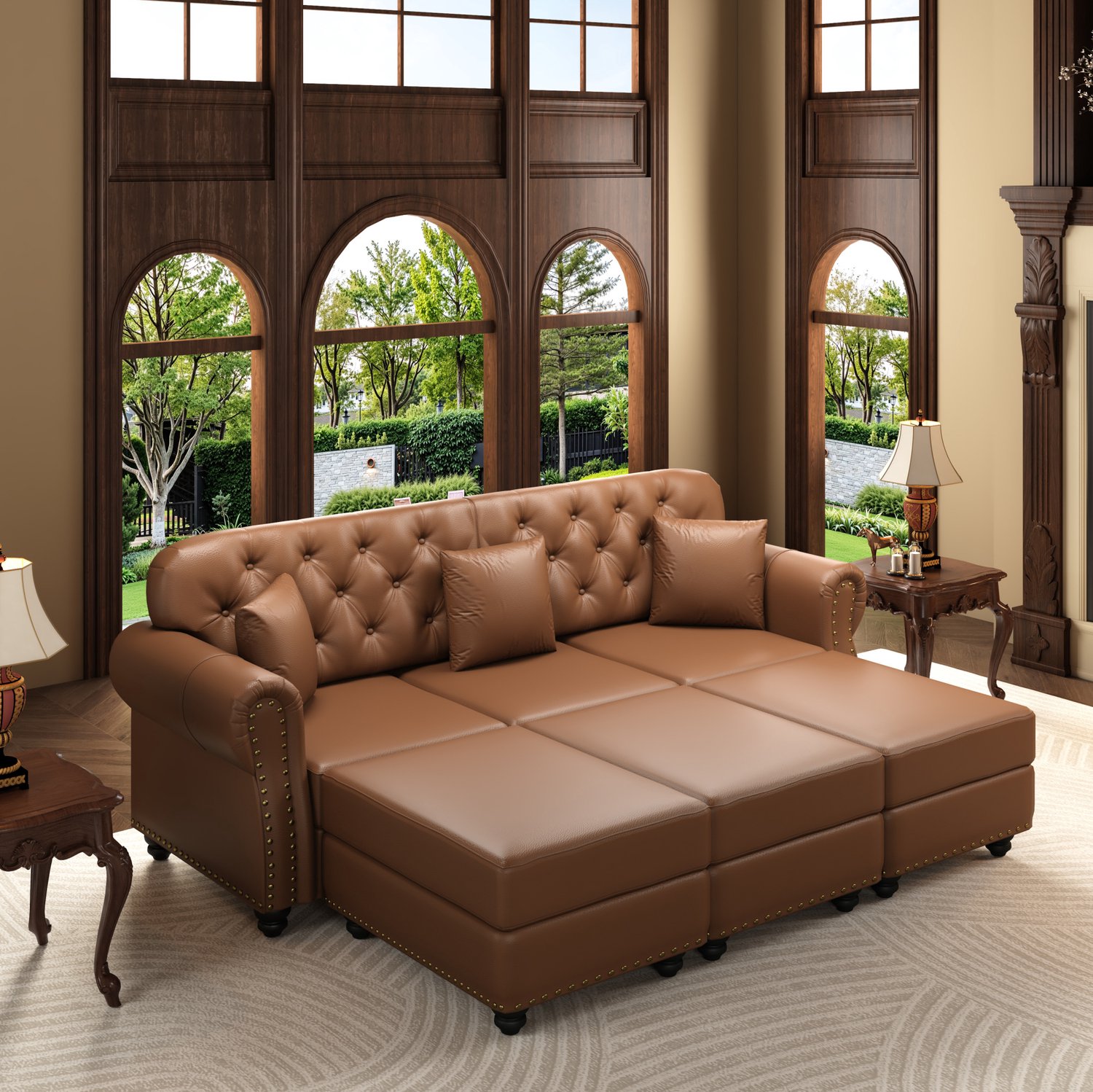 STILVORA Chesterfield Bank 3-Zits 210 x 76 x 86 cm - Met 3 Verplaatsbare Hockers - Gecapitonneerde Rug - Voor Woonkamer - Kunstleer - Bruin