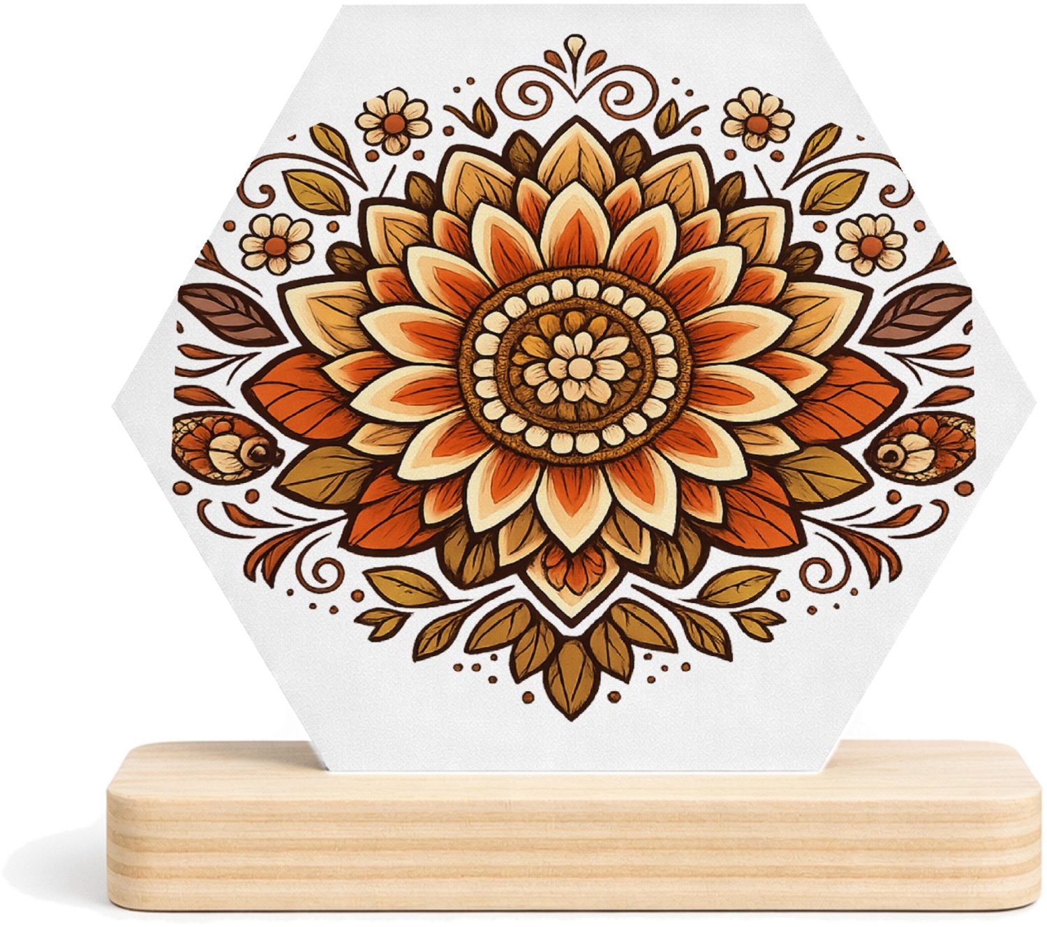 Mr Cadeautjes MDF fotolijst/inleg hexagon 14 x 13 - design Een rustige, symmetrische zonnebloemmandala met zachte boogl | cadeau Wit