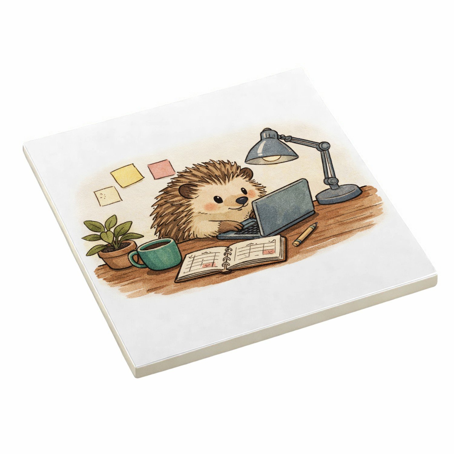 Mr Cadeautjes Decoratie tegel Een egel in een kleine thuiswerkhoek met post-its, planner e - 10,8 x 10,8 cm, keramiek - keuken, badkamer, woonkamer | cadeau Wit