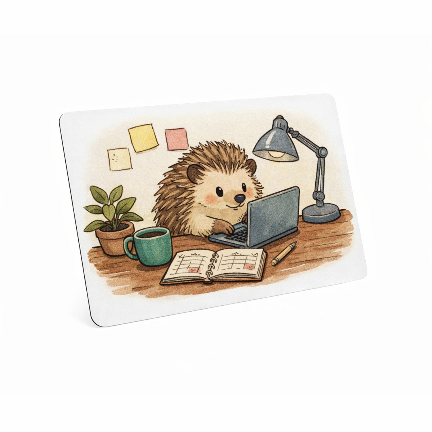 Mr Cadeautjes MDF magnetische fotolijst 28 x 19 - design Een egel in een kleine thuiswerkhoek met post-its, planner e | cadeau Wit