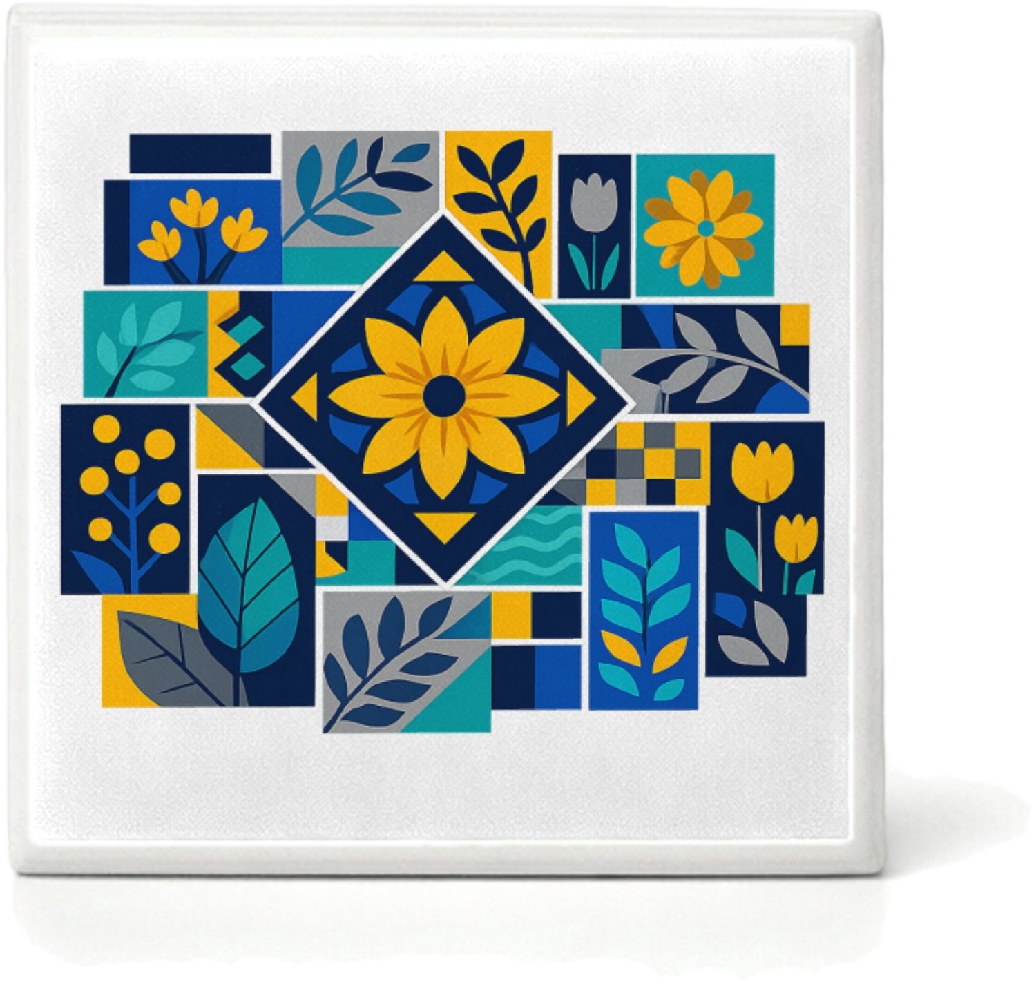 Mr Cadeautjes Mini tegeltje Een levendig mozaïek van botanische blokken met bladeren, bl - 4,8 x 4,8 cm, keramiek - mozaiek, diy, decoratie | cadeau Wit