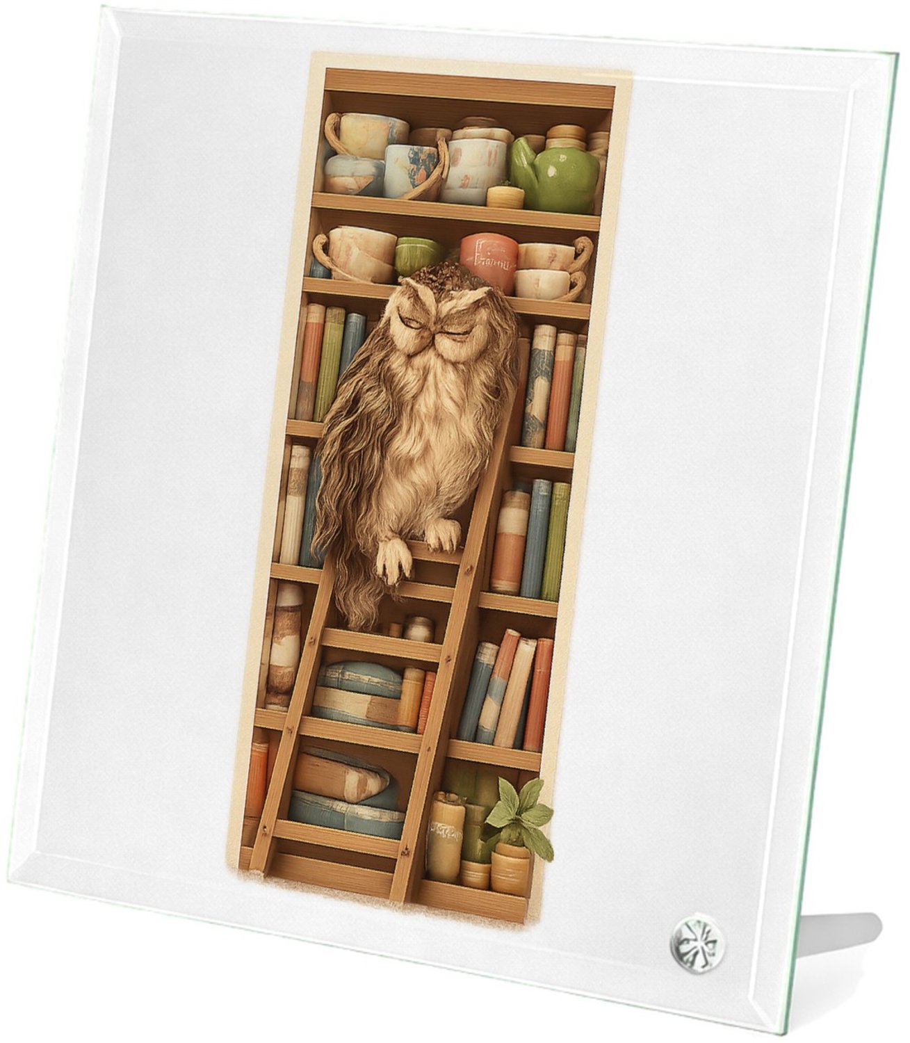 Mr Cadeautjes Glasframe 20 x 20 - design Een slaperige uil op een ladder naast een hoge plank met the | cadeau Wit