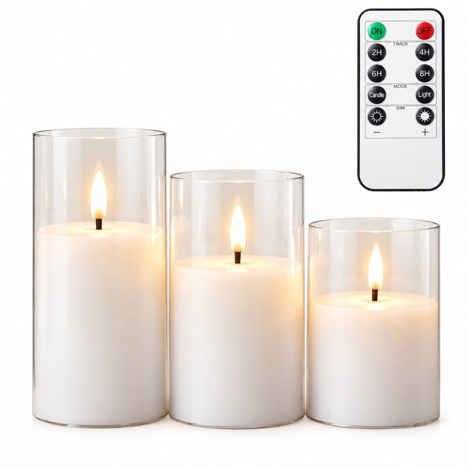 SWGOTA led kaarsen, 3 stuks per doos, transparante cilindervormige behuizing en warm vlamlicht, met afstandsbediening en knoopcel voor de afstandsbediening