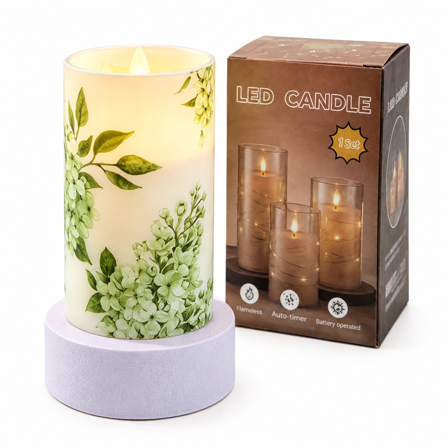 SWGOTA led kaarsen - Oplaadbare LED-kaars van 7,5 x 15 cm met botanische print, warm licht en ronde voet, met productdoos Groen