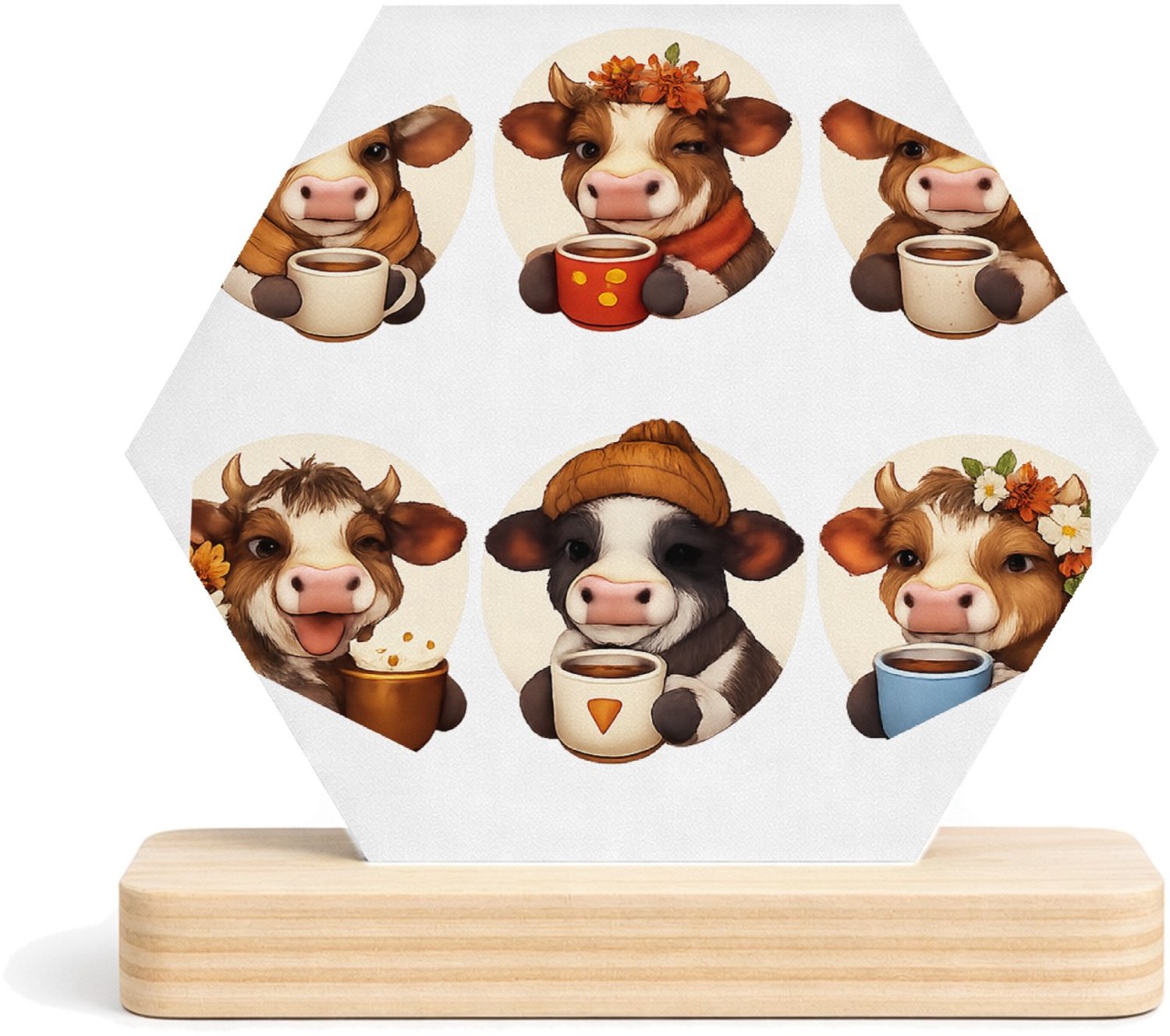 Mr Cadeautjes MDF fotolijst/inleg hexagon 14 x 13 - design Een reeks vrolijke kattenportretten met theekopjes en winter | cadeau Wit
