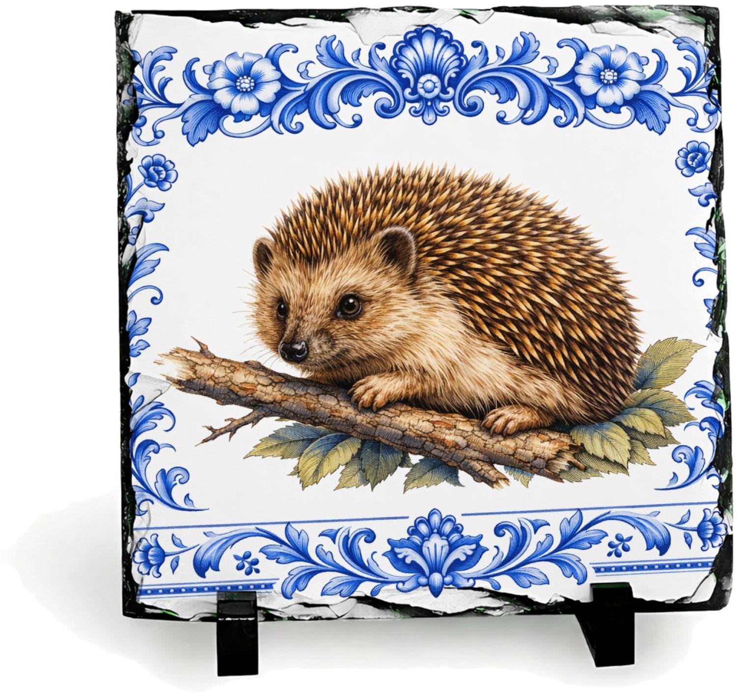 Mr Cadeautjes Leisteen vierkant 15 x 15 - design Een realistische egel op een tak of tussen bladeren, omringd | cadeau Wit