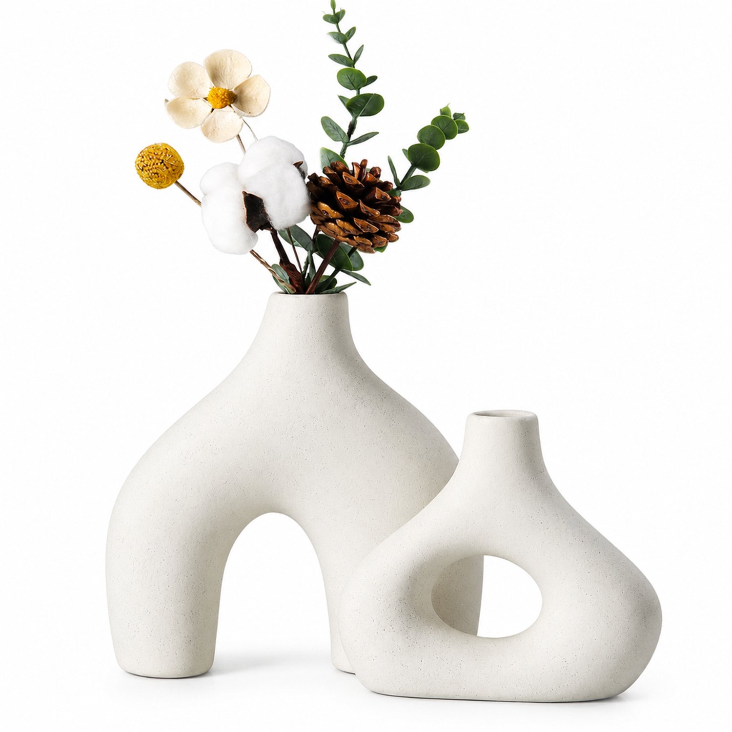 SWGOTA Witte keramische vazenset, 2 stuks, moderne open vormen voor droogbloemen en interieurdecoratie, in kartonnen doos