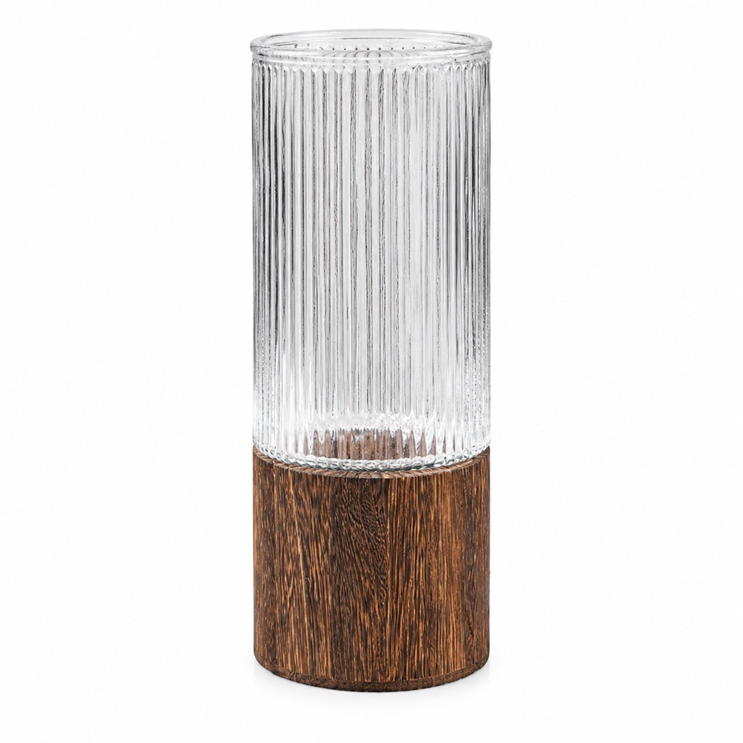 SWGOTA Transparante glazen vaas met verticale ribbels en bruine houten voet - 25 cm hoog, diameter 10 cm - Voor verse bloemen
