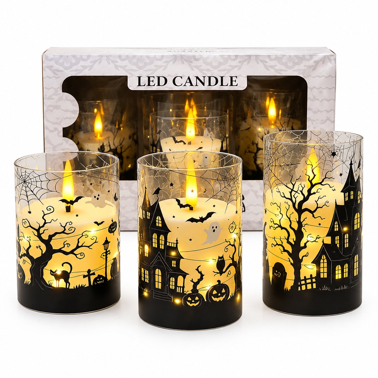 SWGOTA led kaarsen, set van 3 met Halloweenmotieven, warm licht, vlameffect en lichtsnoer, op batterijen, zonder batterijen Bruin