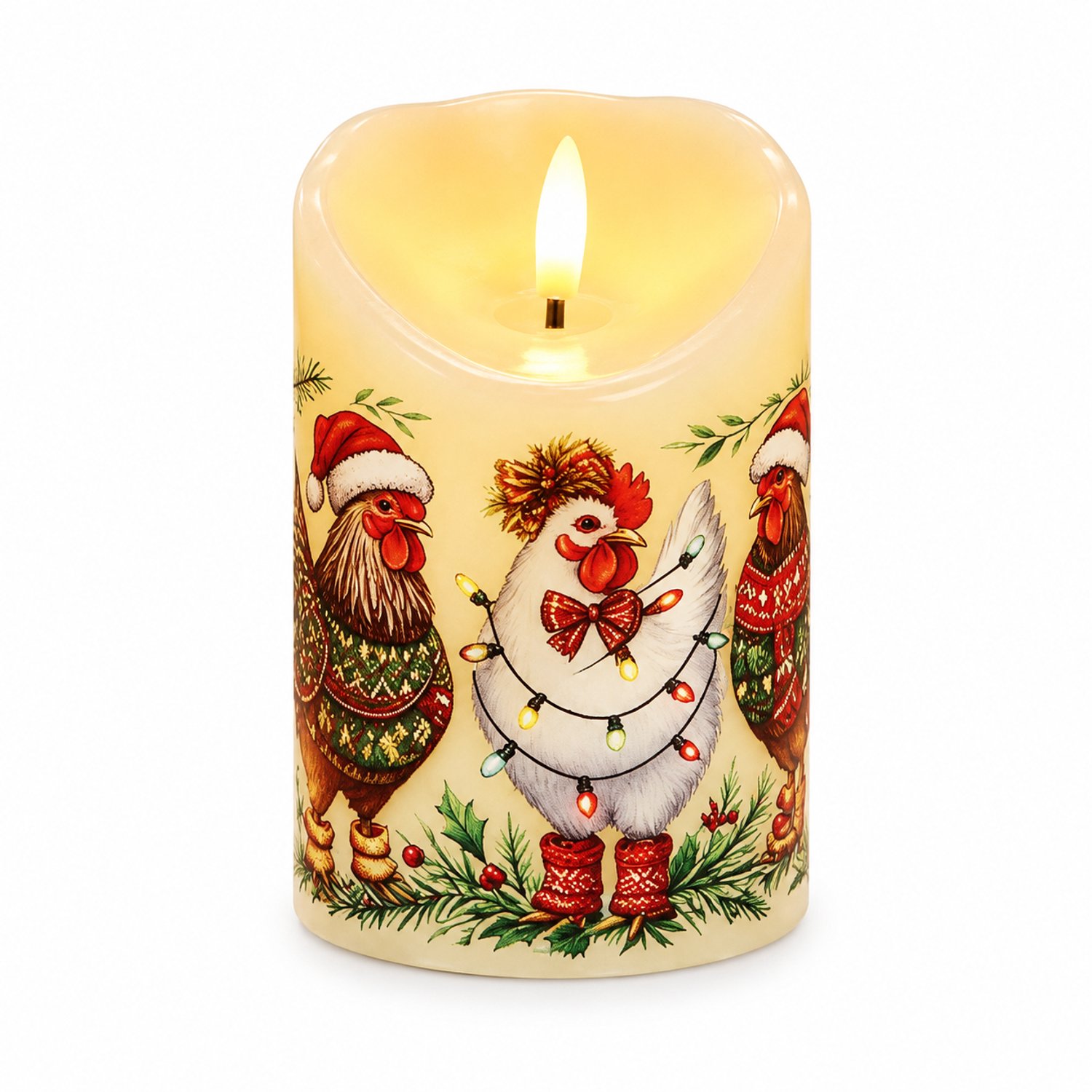 SWGOTA led kaarsen: 1 stuk, 7,5 × 10 cm, warm licht en vlameffect, schuine rand met hanenmotief, voor binnendecoratie, zonder batterijen Bruin