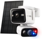 Witte Tapo Dual 4K camera met twee lenzen, zonnepaneel en blauw/rood knipperend waarschuwingslicht.