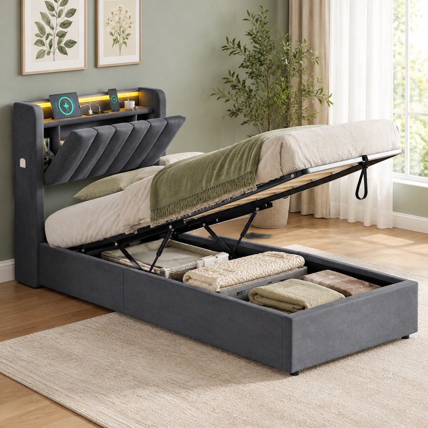 OKWISH Bed 90 x 200cm - Eenpersoonsbed Met Gasdrukveer Opbergruimte - LED Verlichting En USB - Fluwelen Bedframe - Donkergrijs