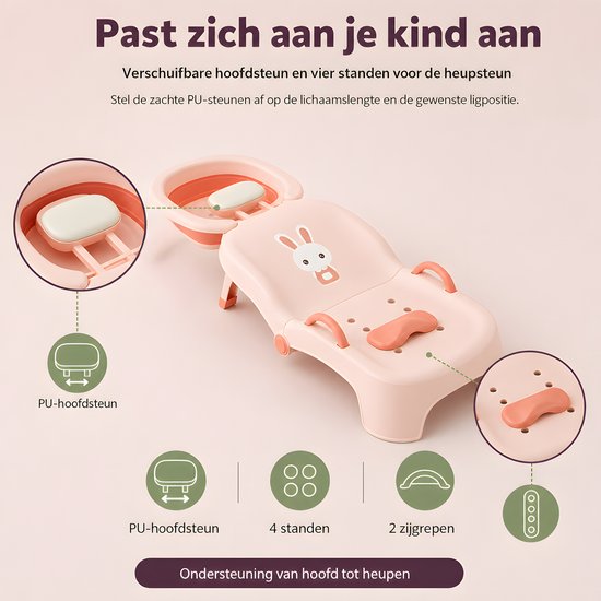 Kinderhaarwasstoel - Kinder Douche Stoeltje Comfort - Draagbare Douchezit voor Baby's en Peuters - inklapbaar haarwasstation met waskom en afvoerslang - verstelbare PU-steunen - antislipvoeten - 102 x 39 x 21 cm - roze - Ideaal voor Groei — afbeelding 4