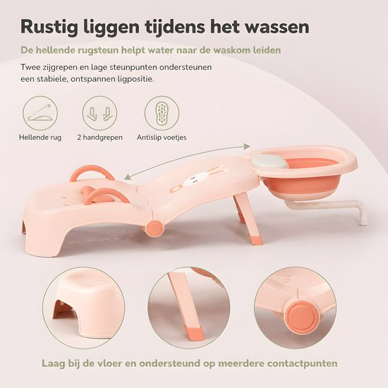 Kinderhaarwasstoel - Kinder Douche Stoeltje Comfort - Draagbare Douchezit voor Baby's en Peuters - inklapbaar haarwasstation met waskom en afvoerslang - verstelbare PU-steunen - antislipvoeten - 102 x 39 x 21 cm - roze - Ideaal voor Groei — afbeelding 5