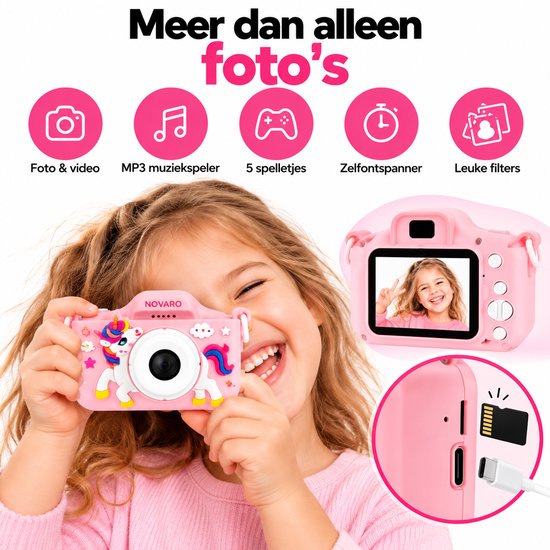 Kind met roze eenhoorncamera, toont functies zoals MP3-speler, spellen en zelfontspanner.