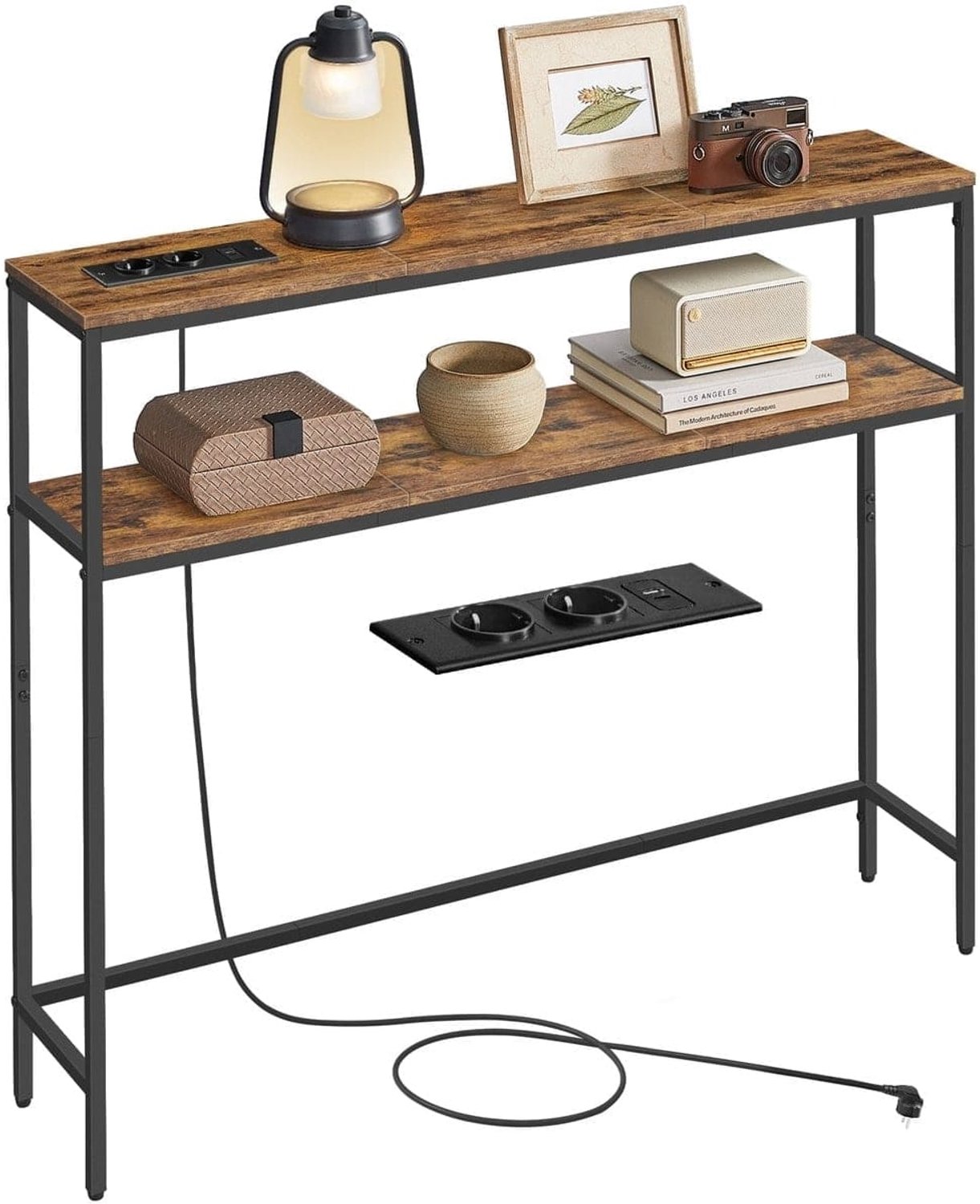 Klarven Consoletafel met Oplaadstation - Haltafel met Stopcontact - Vintagebruin-Zwart - Met 2 Planken Bruin (vintage houtlook) / zwart
