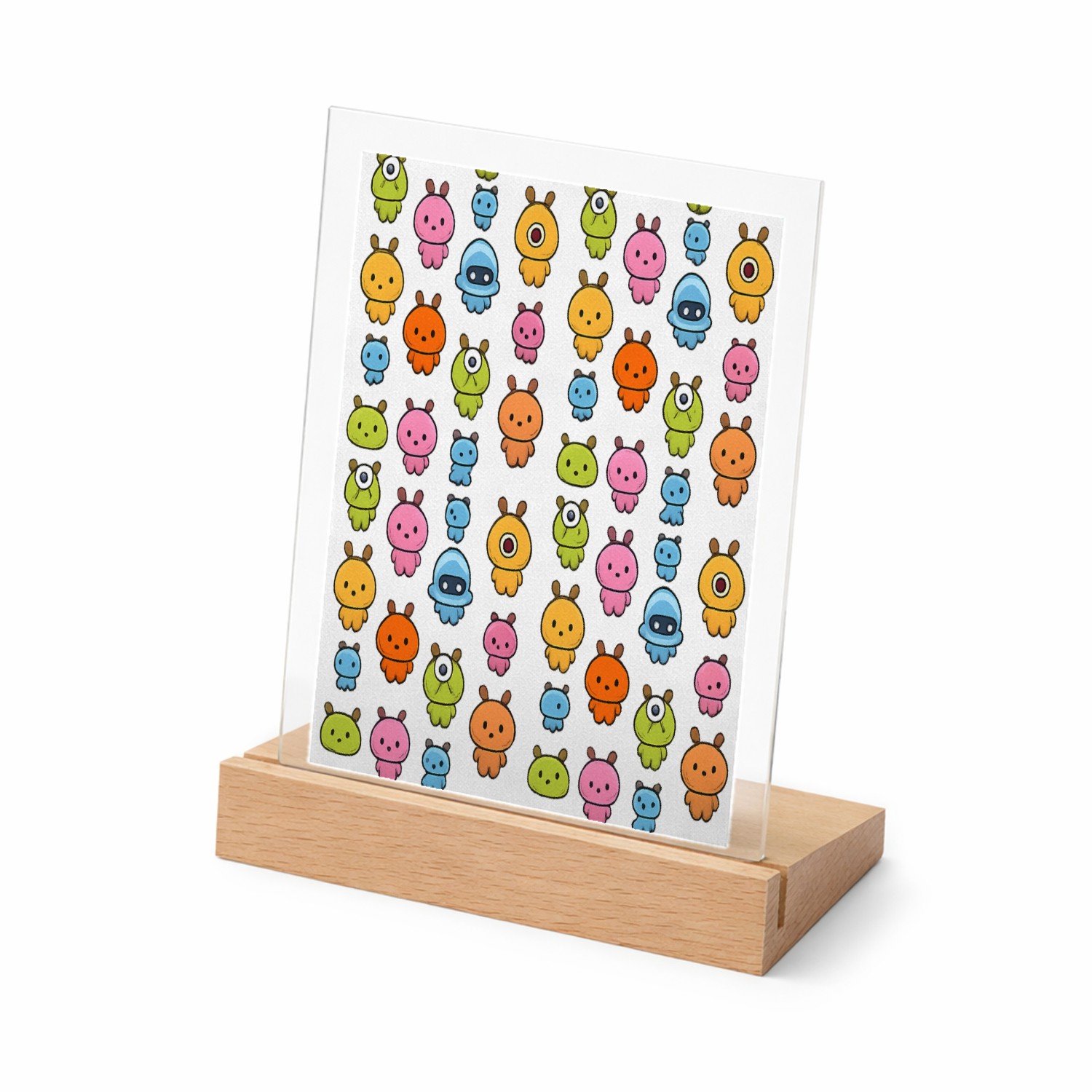 Mr Cadeautjes Glasframe met vaste tekst - design Herhaald patroon van kleine ruimtewezens in zachte pastelkle | cadeau Wit