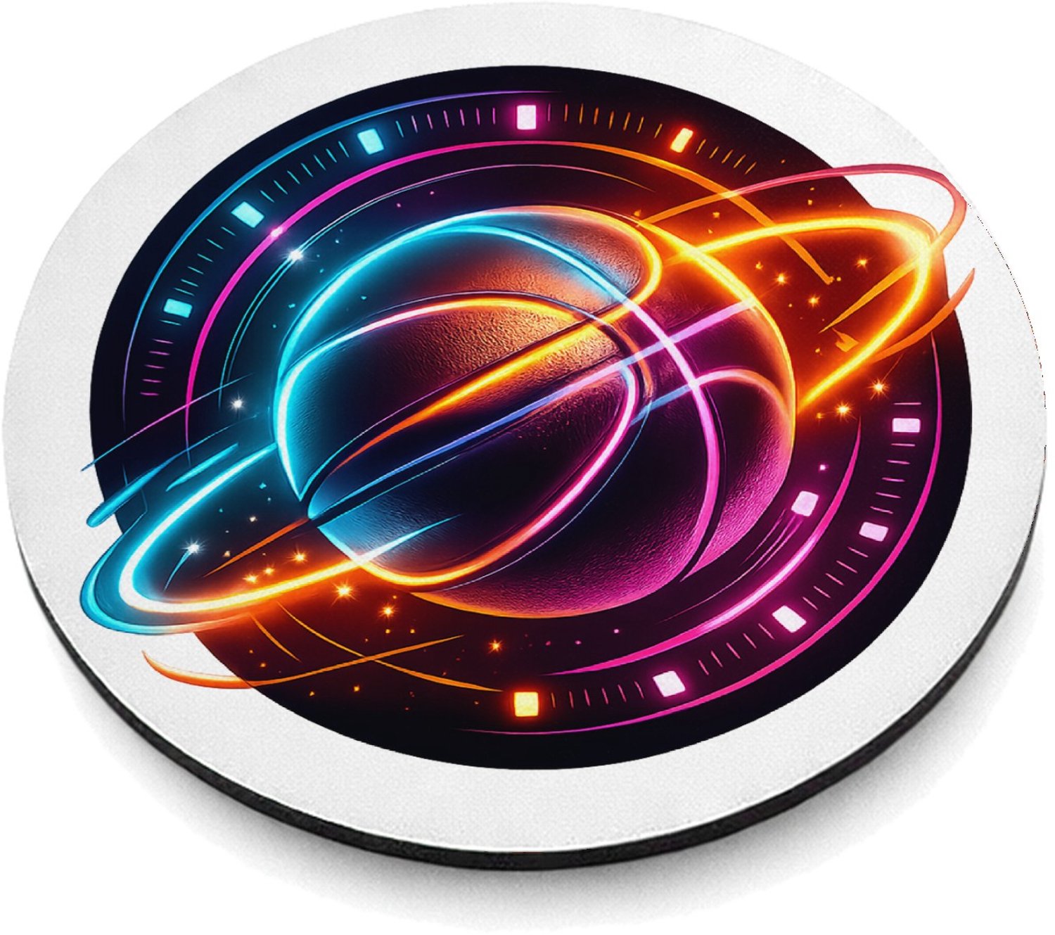 Mr Cadeautjes MDF magnetische fotolijst rond Ø 9,5 - design Neon sportenergie met een dynamisch object in het midden | cadeau Wit