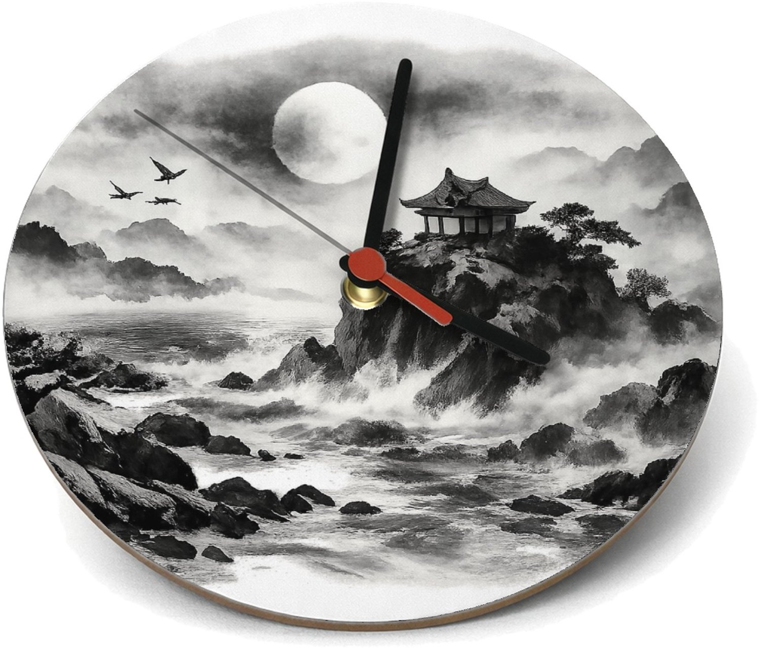 Mr Cadeautjes Klok rond Ø 19 - design Nachtelijk kustpanorama met rotsen, maan, golven en een klei | cadeau Wit