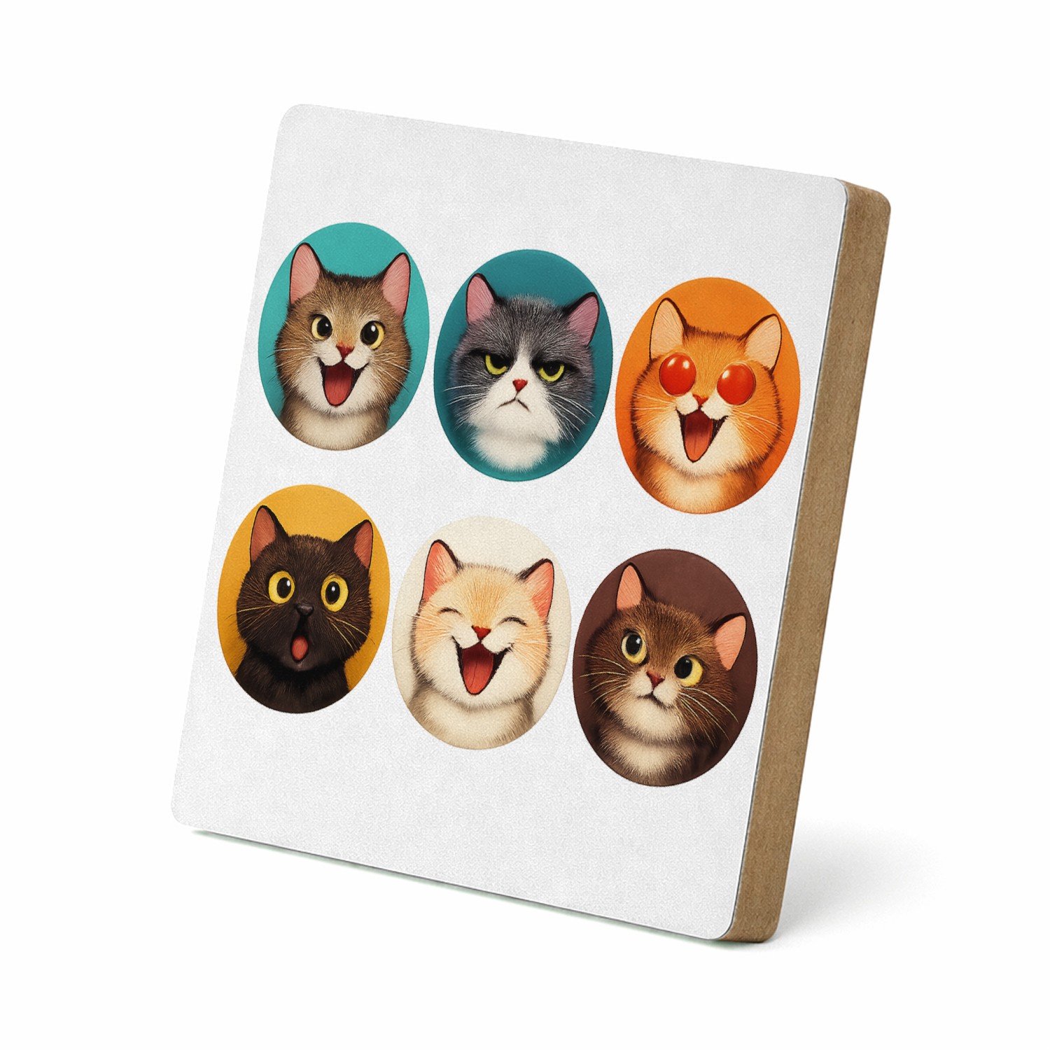 Mr Cadeautjes MDF staande fotolijst 15,2 x 15,2 - design Set van zes expressieve kattenportretten met verschillende s | cadeau Wit