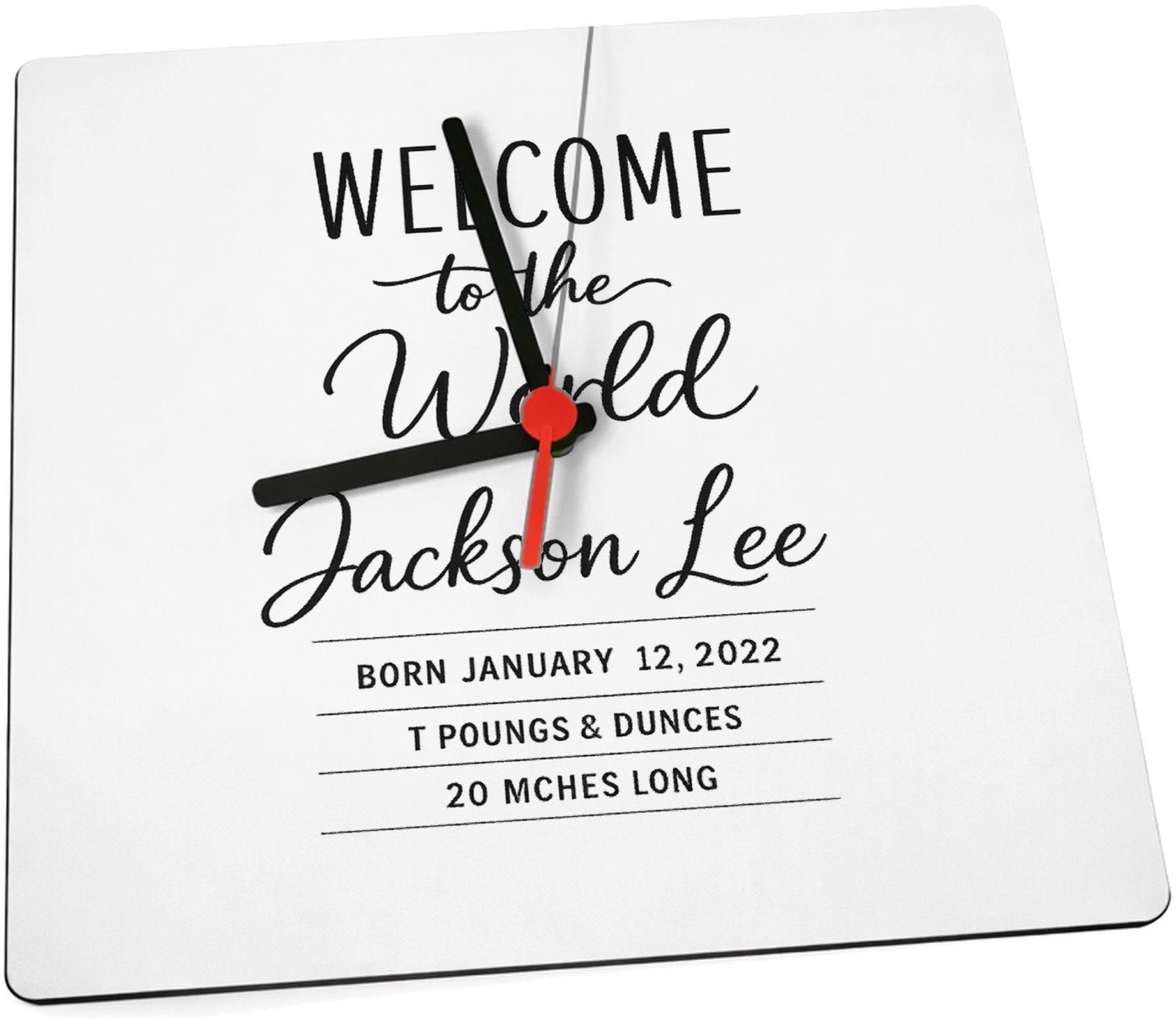 Mr Cadeautjes Klok 19 x 19 - design Minimalistische familie-aankondiging met één groot kernwoord | cadeau Wit