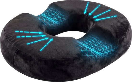 Zwart donutkussen met ergonomisch ontwerp en blauwe accentlijnen die drukverdeling tonen.