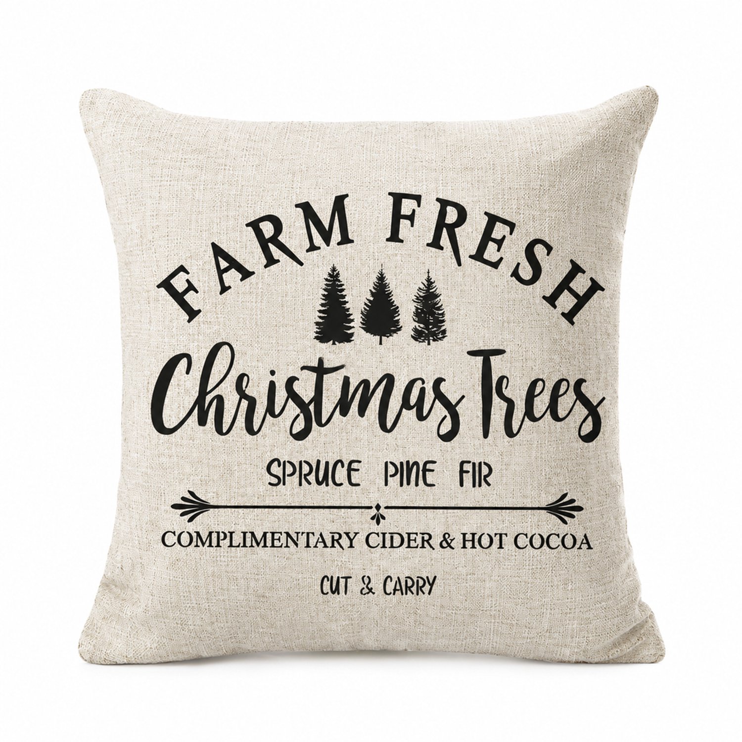 SWGOTA Kerstkussenhoes 45 x 45 cm - Linnenmix met zwarte kerstbomen en tekst - Beige - Zonder binnenkussen