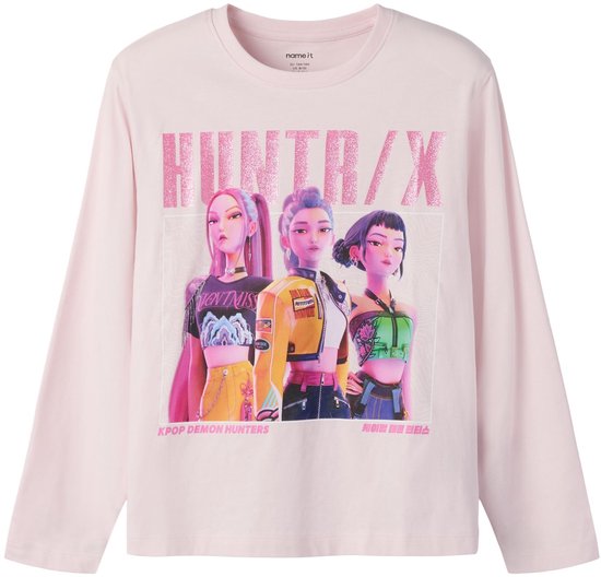 Roze t-shirt met lange mouwen, KPOP DEMON HUNTERS-illustratie en glinsterende tekst op de borst.