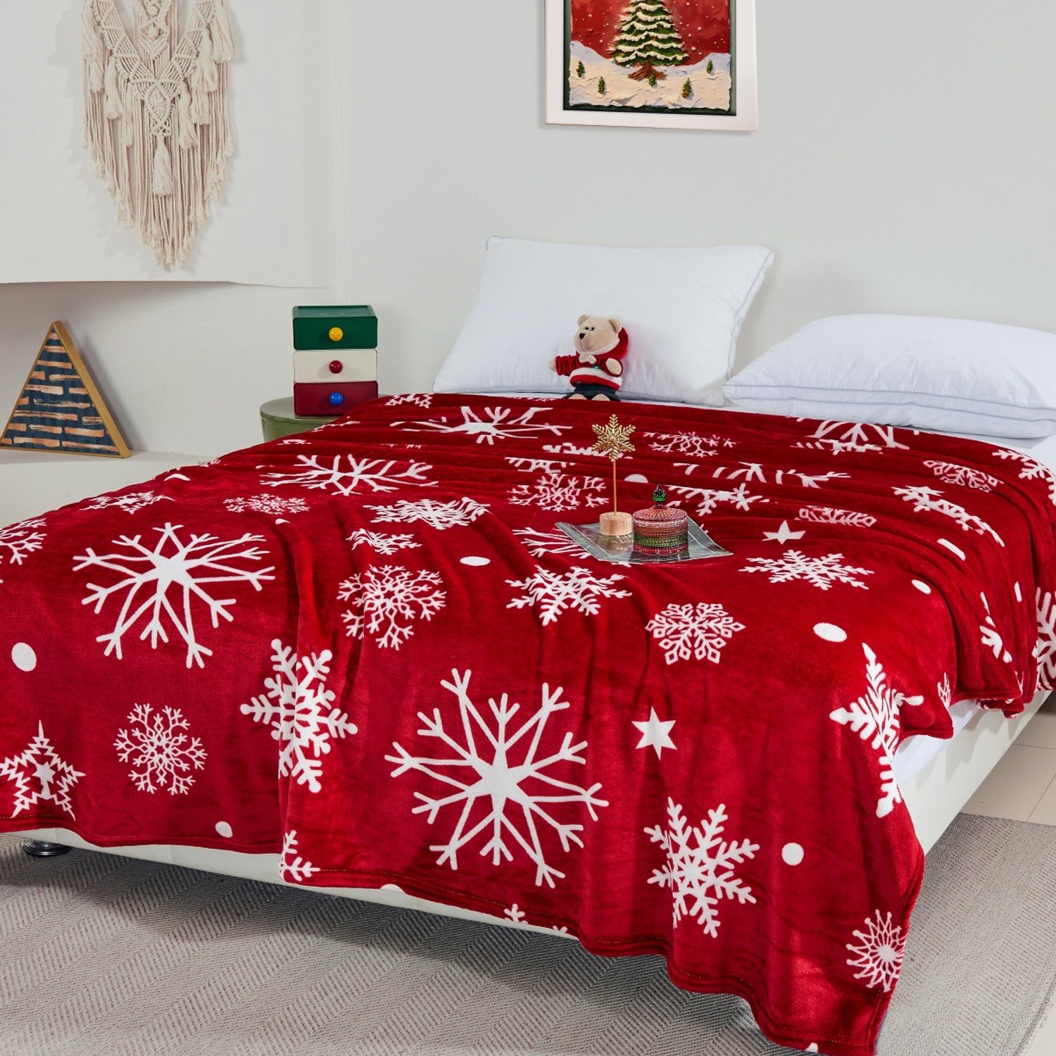FLITI Kerst Deken - Zachte Plaid - Dubbelzijdige Deken voor Bank, Bed en Woonkamer - Kerstdecoratie- Rood - Sneeuwvlokken - 200x230 cm - 1 stuk