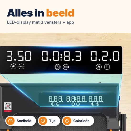 LED-display van de RamyPoket loopband toont snelheid, tijd en calorieën, inclusief QR-code voor app-verbinding.
