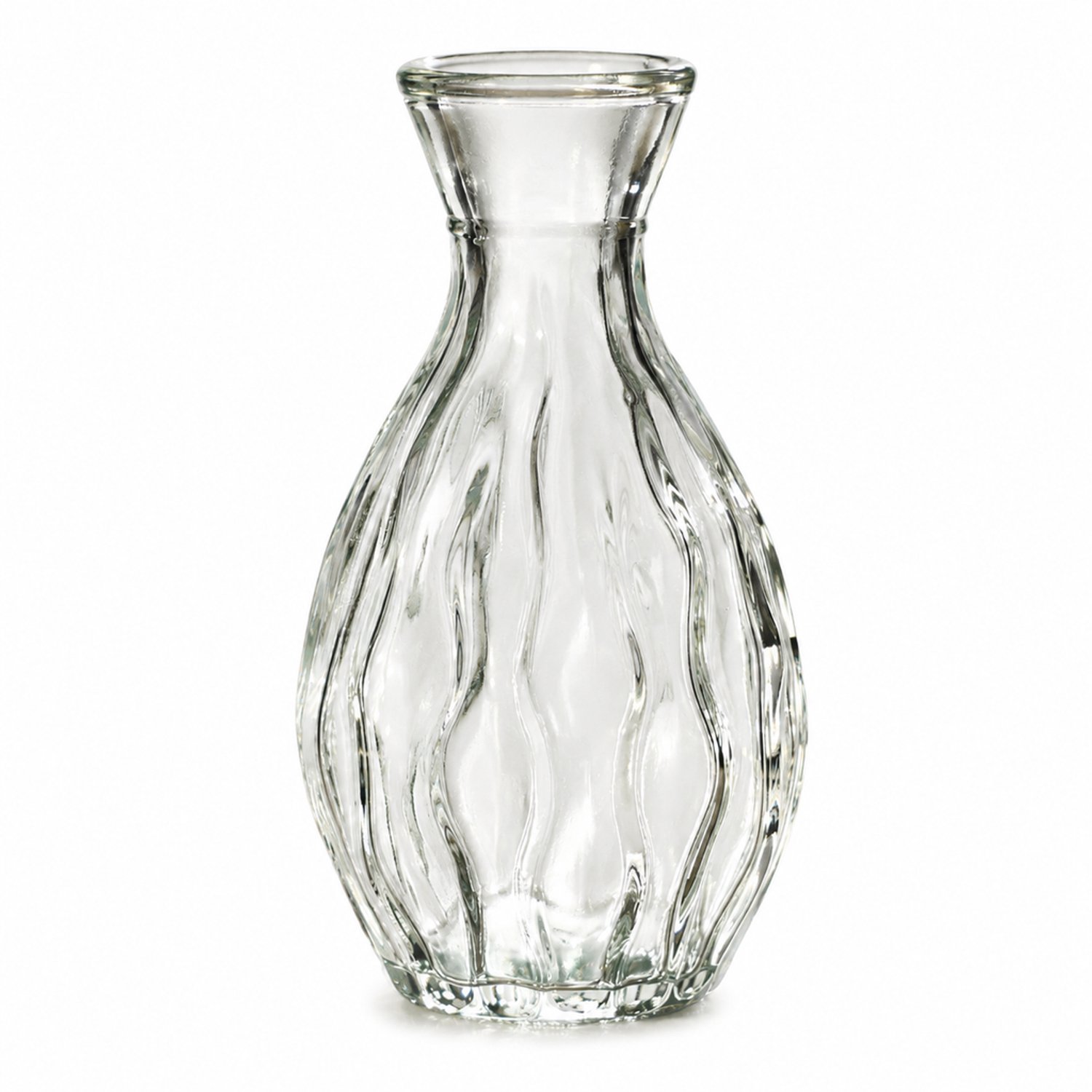 SWGOTA Transparante glazen vaas, 11 cm hoog, diameter 5,8 cm, golvend reliëf en uitlopende halsopening, voor kunstbloemen, in kartonnen doos