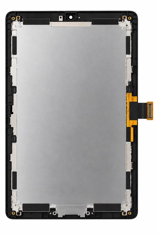 Achterkant van een zwart LCD-scherm voor tablet met zilveren metalen behuizing en aansluitkabel.