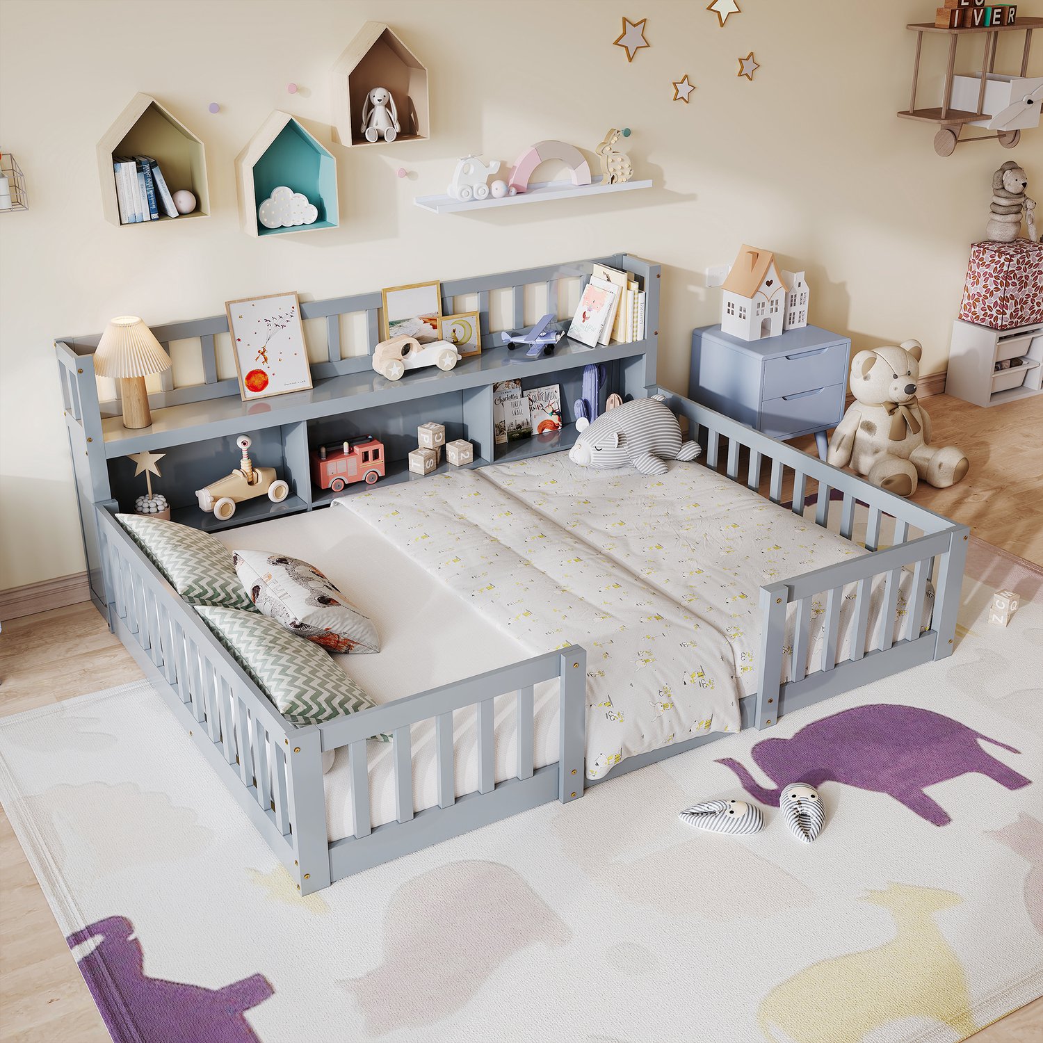 Mofor Montessori kinderbed 90x200 cm - houten vloerbed met boekenkast en lattenbodem - uitvalbeveiliging - grijs