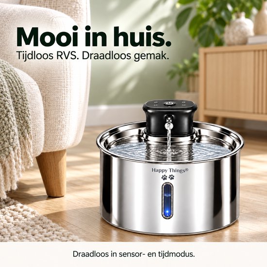 Tijdloze draadloze Happy Things drinkfontein van RVS in een stijlvol interieur.