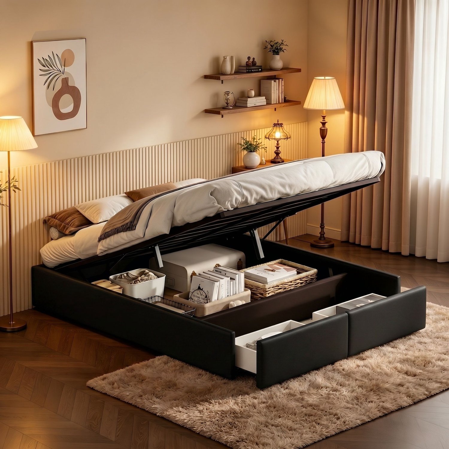 Mofor Gestoffeerd Tweepersoons Opbergbed 140x200 cm met Hydraulisch Opbergsysteem en 2 Lades - Zonder Hoofdbord - Linnen - Grijs