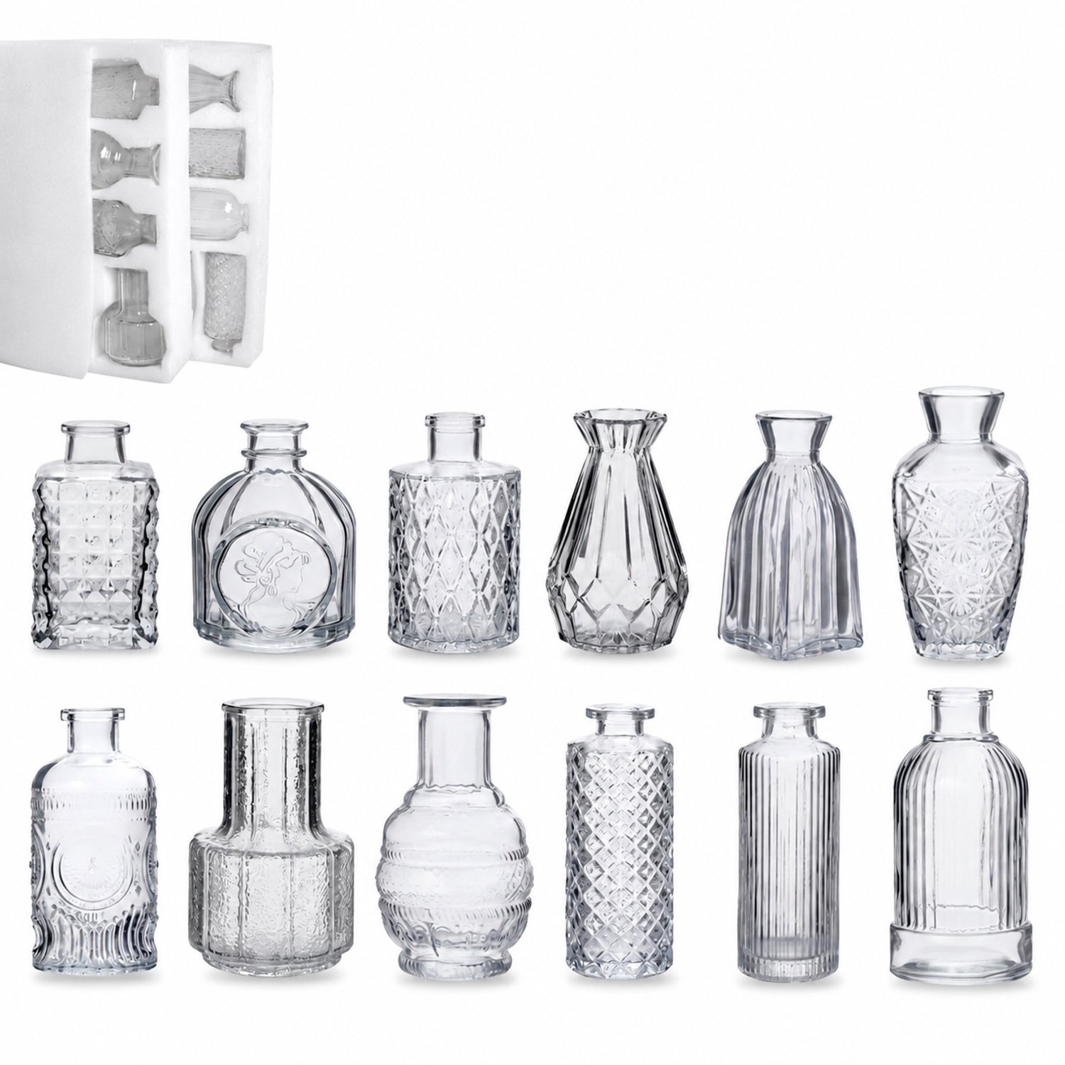 SWGOTA Set van 12 transparante glazen vaasjes - Retro vormen en reliëf - Voor kunstbloemen en tafeldecoratie - In kartonnen doos
