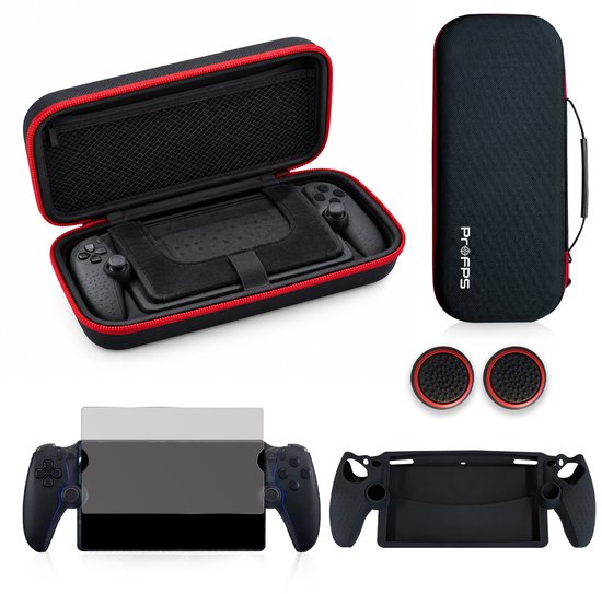 ProFPS accessoireset voor PS5 Portal met zwarte opberghoes, siliconen cover, screenprotector en thumbgrips.
