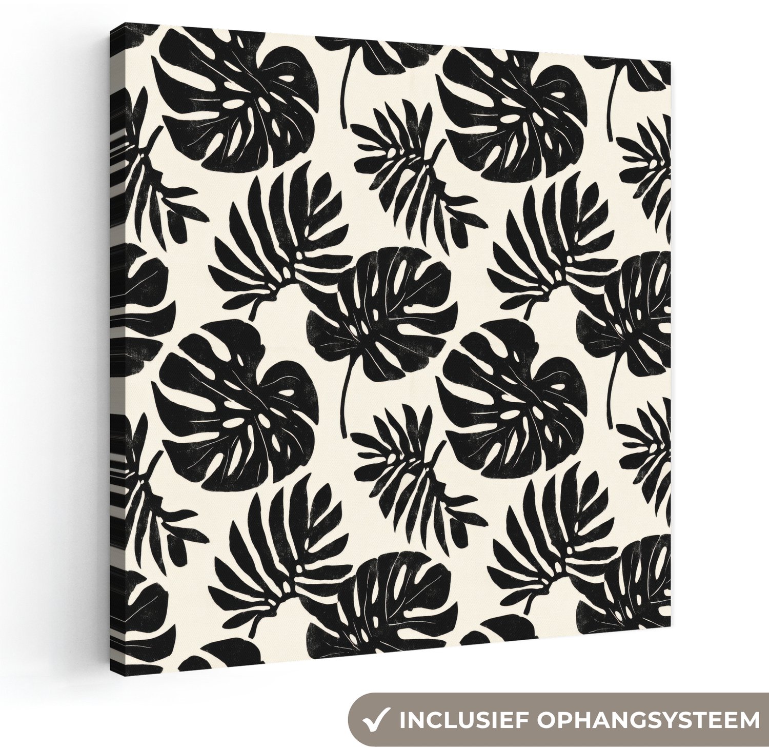 Canvas schilderij 20x20 cm - Exclusieve wanddecoratie Modern - Monstera - Zwart - Muurdecoratie woonkamer - Slaapkamer decoratie - Kamer accessoires - Schilderijen op canvas