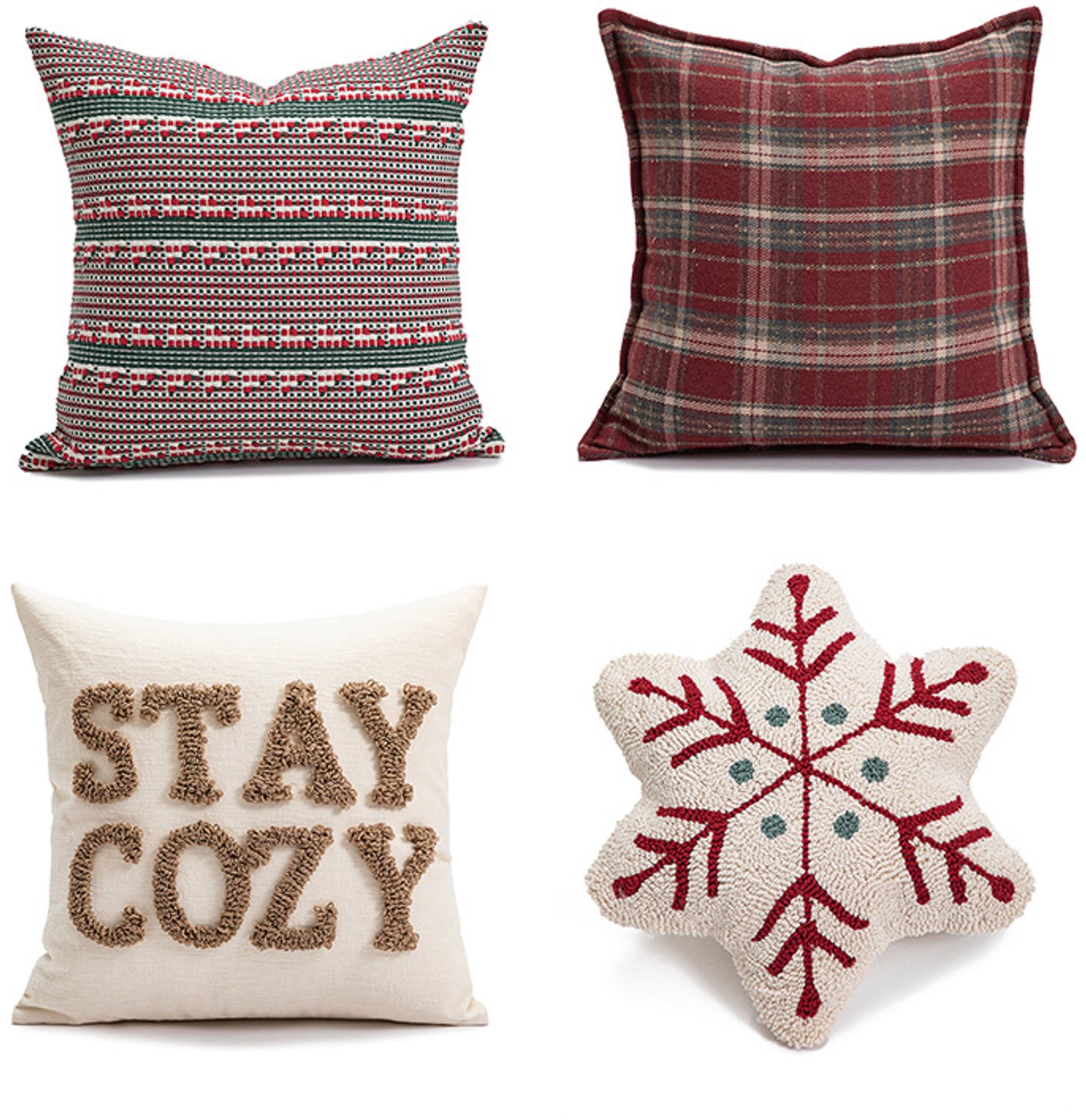 FLITI Kerst Sierkussenset 4-delig - 3 Kussenhoezen 45x45 cm + 1 Sneeuwvlok Kussen 42x42 cm met Vulling - Geruit Kerstdecoratie voor Bank en Slaapkamer Rood