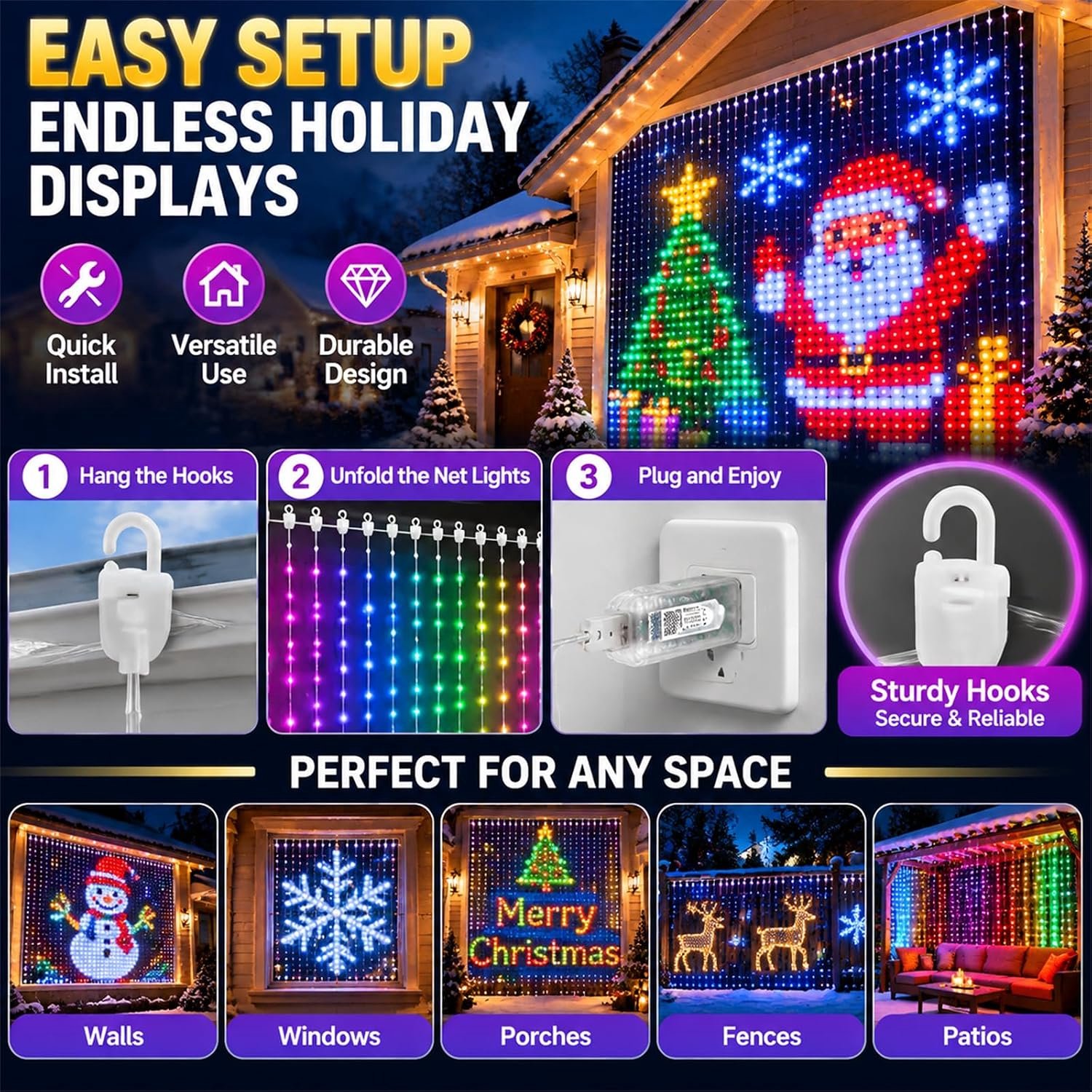 Kerst Slimme LED Lichtgordijn - App-Bediening en Afstandsbediening - Dimbaar, Muziekgestuurd & DIY Patronen - 400 RGB LED -1M×1M - Kerstversiering - Raamverlichting - Voor Kerst, Gordijnen, Buitenmuren – foto 6