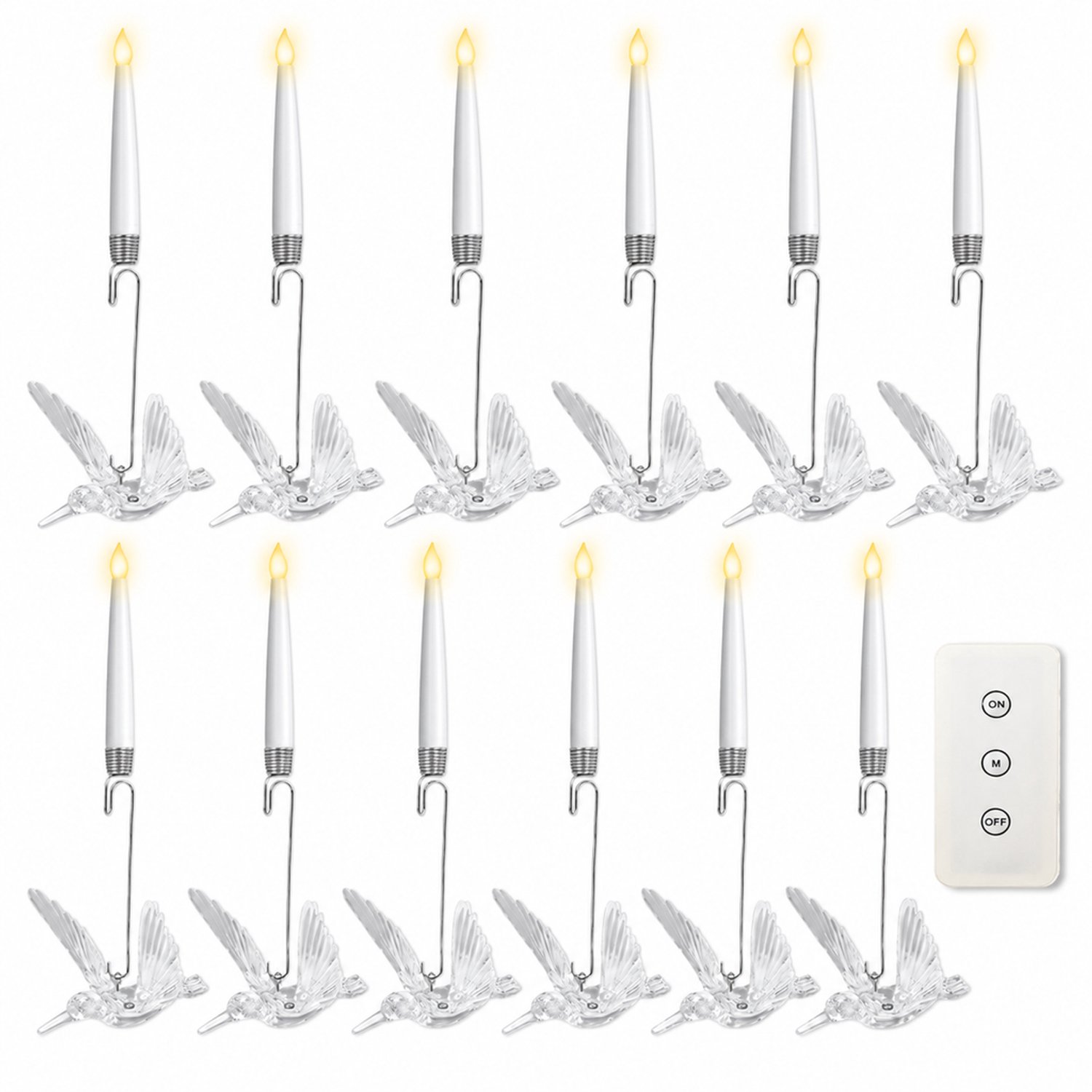 SWGOTA led kaarsen, 12 stuks met vogelvormige hangconstructie en afstandsbediening, witte kaarslichamen voor kerst- en feestdecoratie
